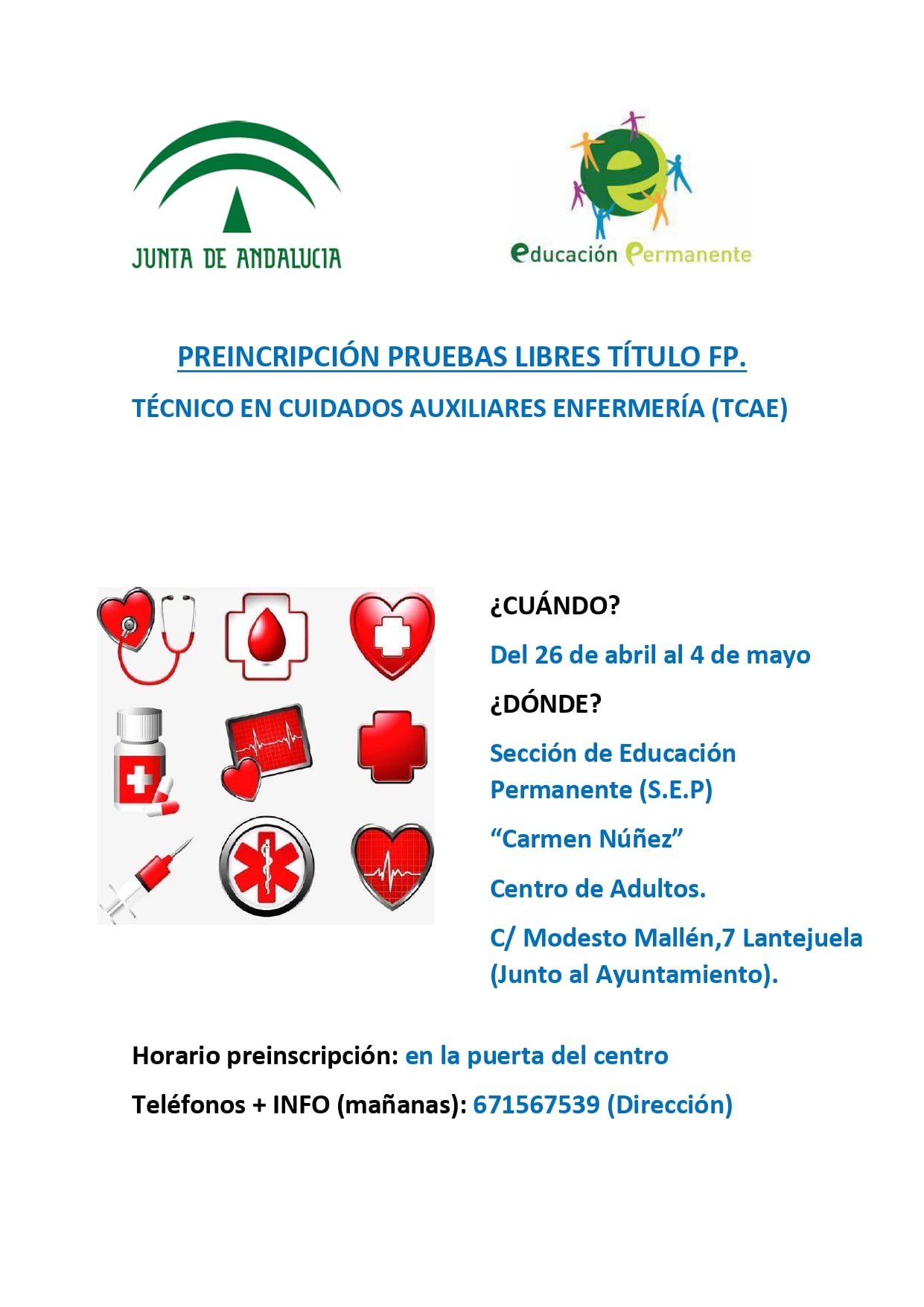 Preinscripción para las pruebas libres de título de FP Técnico en Cuidados Auxiliares de Enfermería (TCAE)